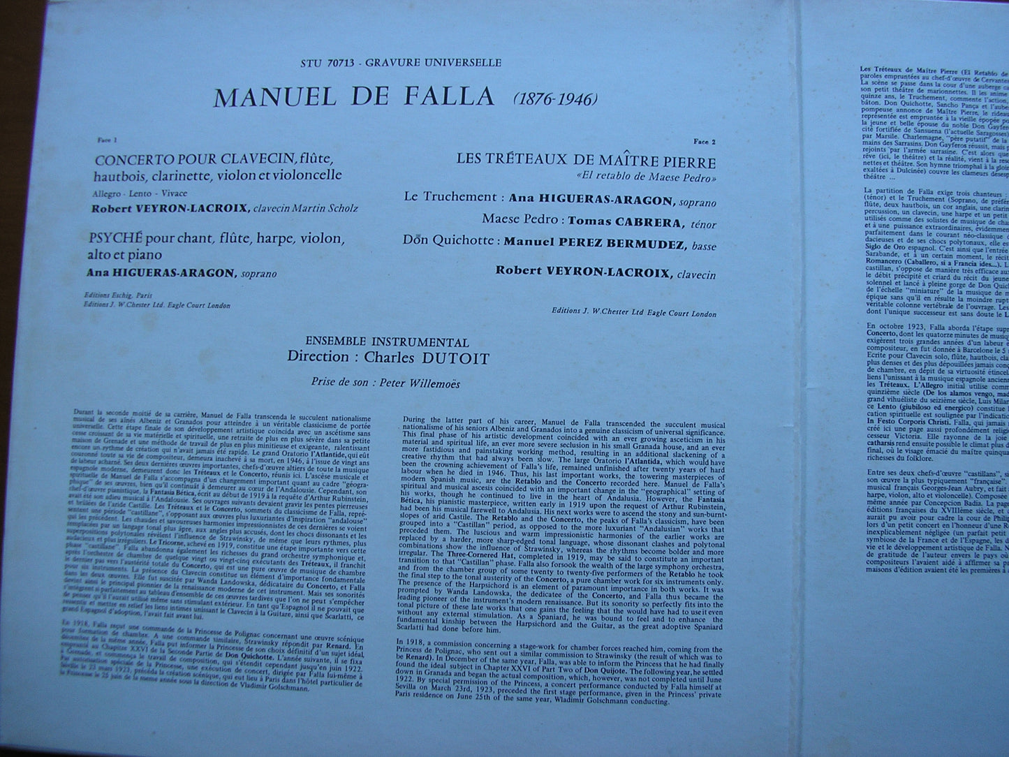 FALLA: MASTER PETER'S PUPPET SHOW / HARPSICHORD CONCERTO / PSYCHE     VEYRON-LACROIX / ENSEMBLE INSTRUMENTAL / DUTOIT     STU 70713