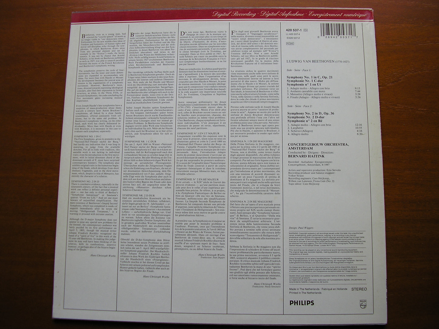 BEETHOVEN: SYMPHONIES Nos. 1 & 2   HAITINK / CONCERTGEBOUW AMSTERDAM   420 537