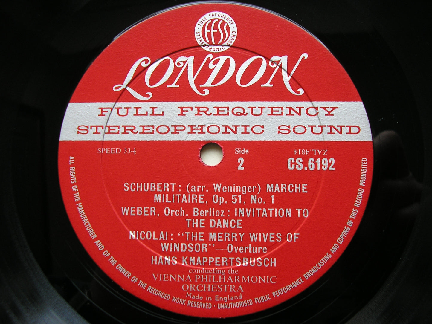 POPULAR FAVOURITES: TCHAIKOVSKY / NICOLAI / WEBER / SCHUBERT     KNAPPERTSBUSCH / VIENNA PHILHARMONIC    CS 6192