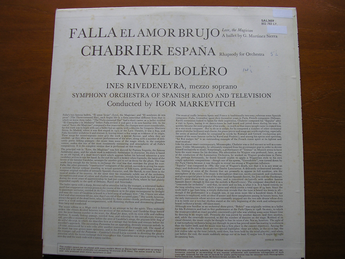 FALLA: EL AMOR BRUJO / CHABRIER: ESPANA / RAVEL: BOLERO     MARKEVITCH / SPANISH RADIO ORCHESTRA     SAL 3659