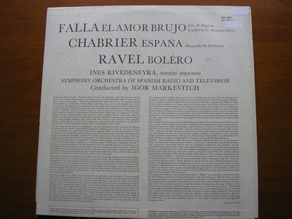 FALLA: EL AMOR BRUJO / CHABRIER: ESPANA / RAVEL: BOLERO     MARKEVITCH / SPANISH RADIO ORCHESTRA     SAL 3659
