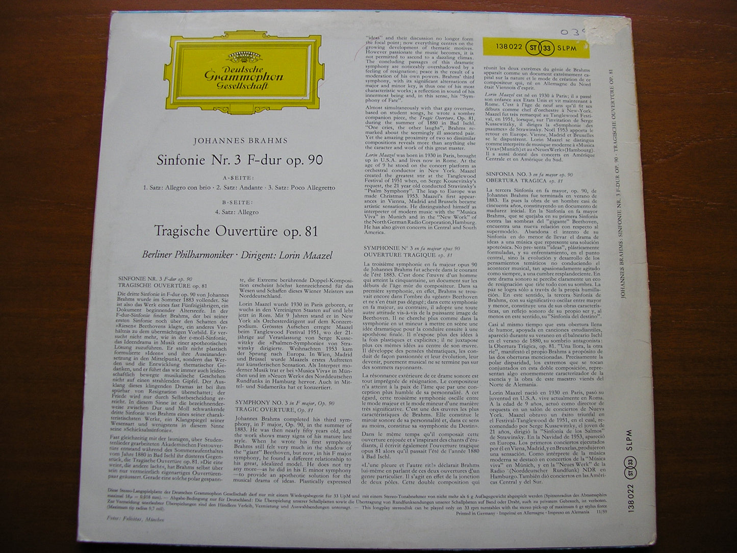 BRAHMS: SYMPHONY No. 3 / TRAGIC OVERTURE    MAAZEL / BERLIN PHILHARMONIC   138 022