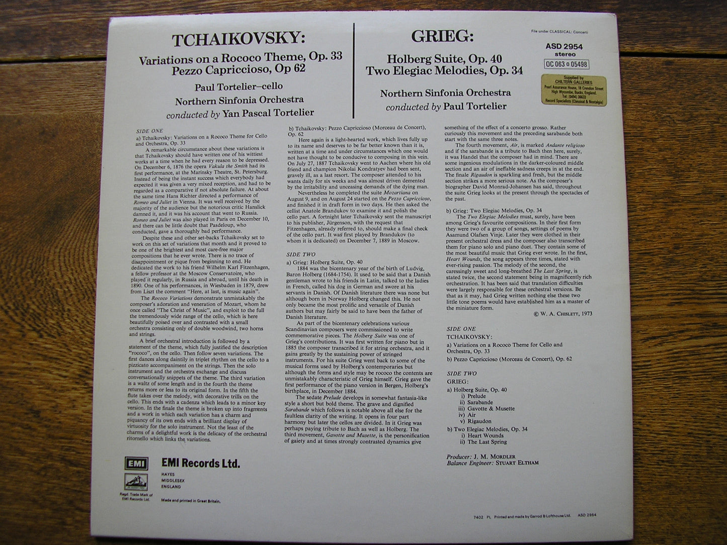 TCHAIKOVSKY: ROCOCO VARIATIONS / GRIEG: HOLBERG SUITE   PAUL TORTELIER / NORTHERN SINFONIA / TORTELIER  ASD 2954