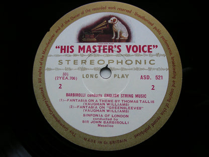 BARBIROLLI CONDUCTS ENGLISH MUSIC FOR STRINGS: ELGAR / VAUGHAN WILLIAMS   BARBIROLLI / SINFONIA OF LONDON / ALLEGRI QUARTET ASD 521