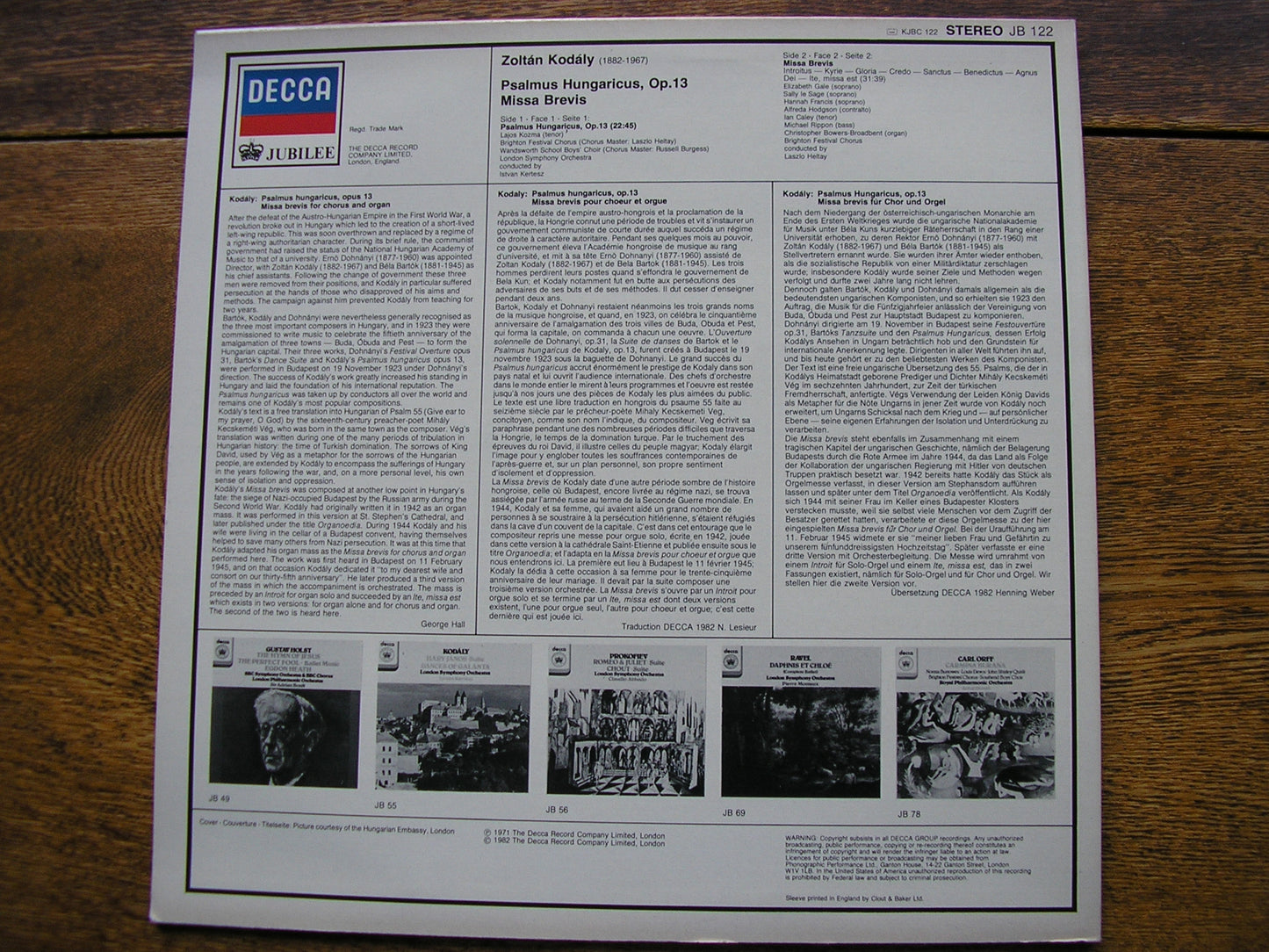KODALY: PSALMUS HUNGARICUS / MISSA BREVIS   KOZMA / LONDON SYMPHONY / KERTESZ   JB 122