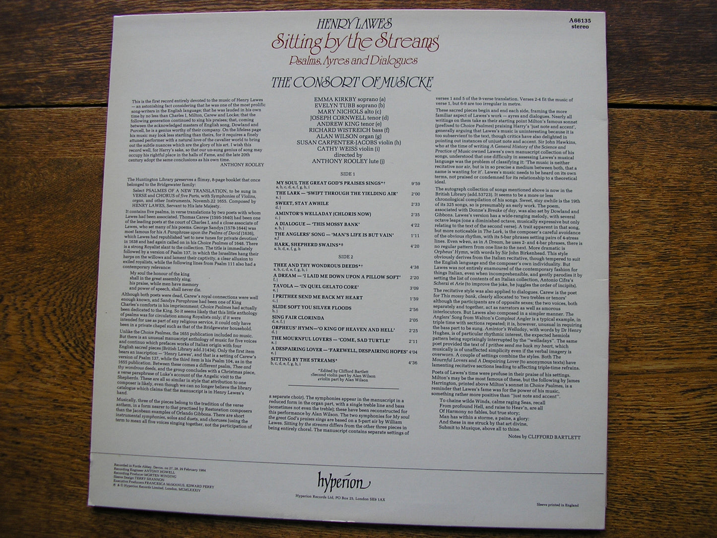 LAWES: SITTING BY THE STREAMS  KIRKBY / CONSORT OF MUSICKE / ROOLEY   A66135