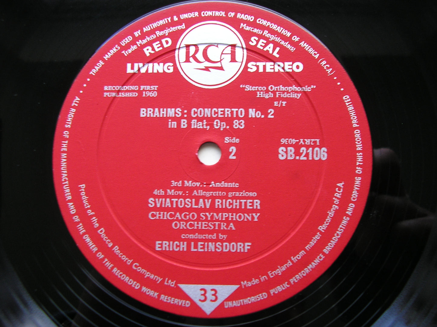 BRAHMS: PIANO CONCERTO No. 2   RICHTER / CHICAGO SYMPHONY ORCHESTRA / LEINSDORF    SB 2106