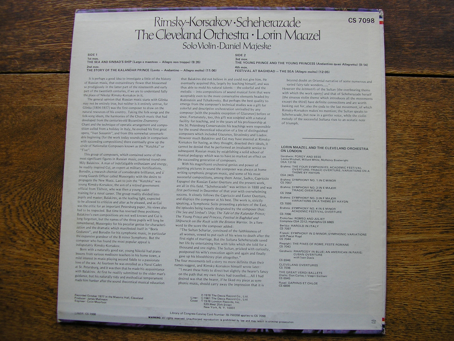 RIMSKY - KORSAKOV: SCHEHERAZADE   LORIN MAAZEL / CLEVELAND ORCHESTRA    CS 7098