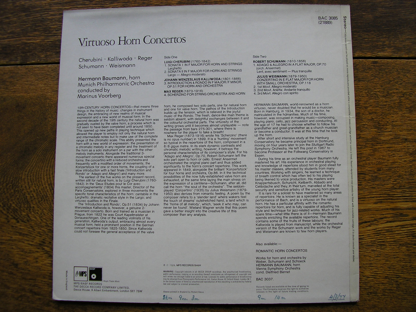HORN CONCERTOS: CHERUBINI / SCHUMANN / KALLIWODA / REGER / WEISMAN   BAUMANN / MUNICH PHILHARMONIC / VOORBERG   BAC 3085