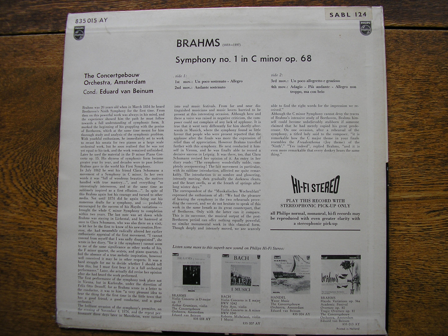 BRAHMS: SYMPHONY No. 1  VAN BEINUM / CONCERTGEBOUW ORCHESTRA   SABL 124