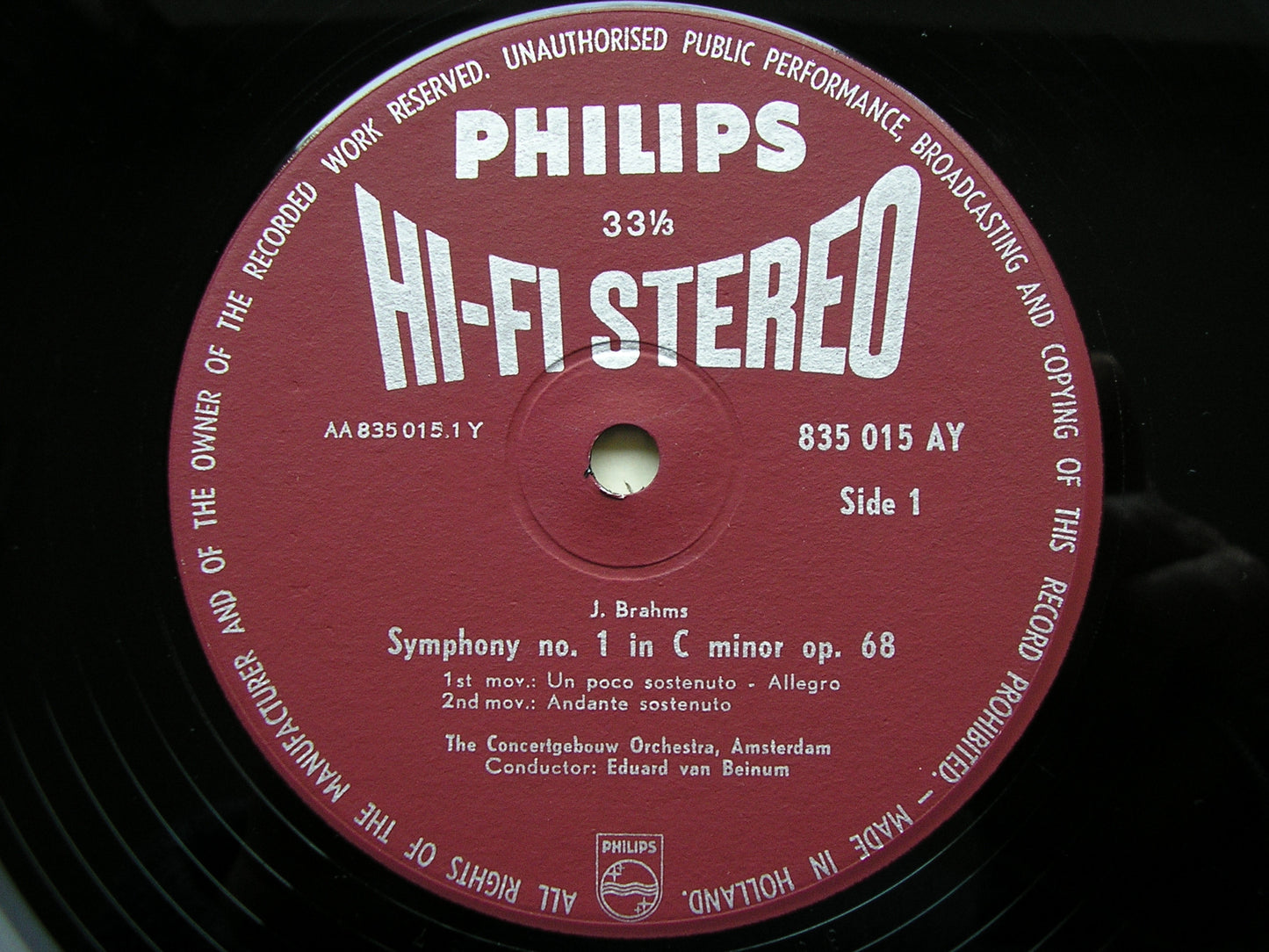 BRAHMS: SYMPHONY No. 1  VAN BEINUM / CONCERTGEBOUW ORCHESTRA   SABL 124