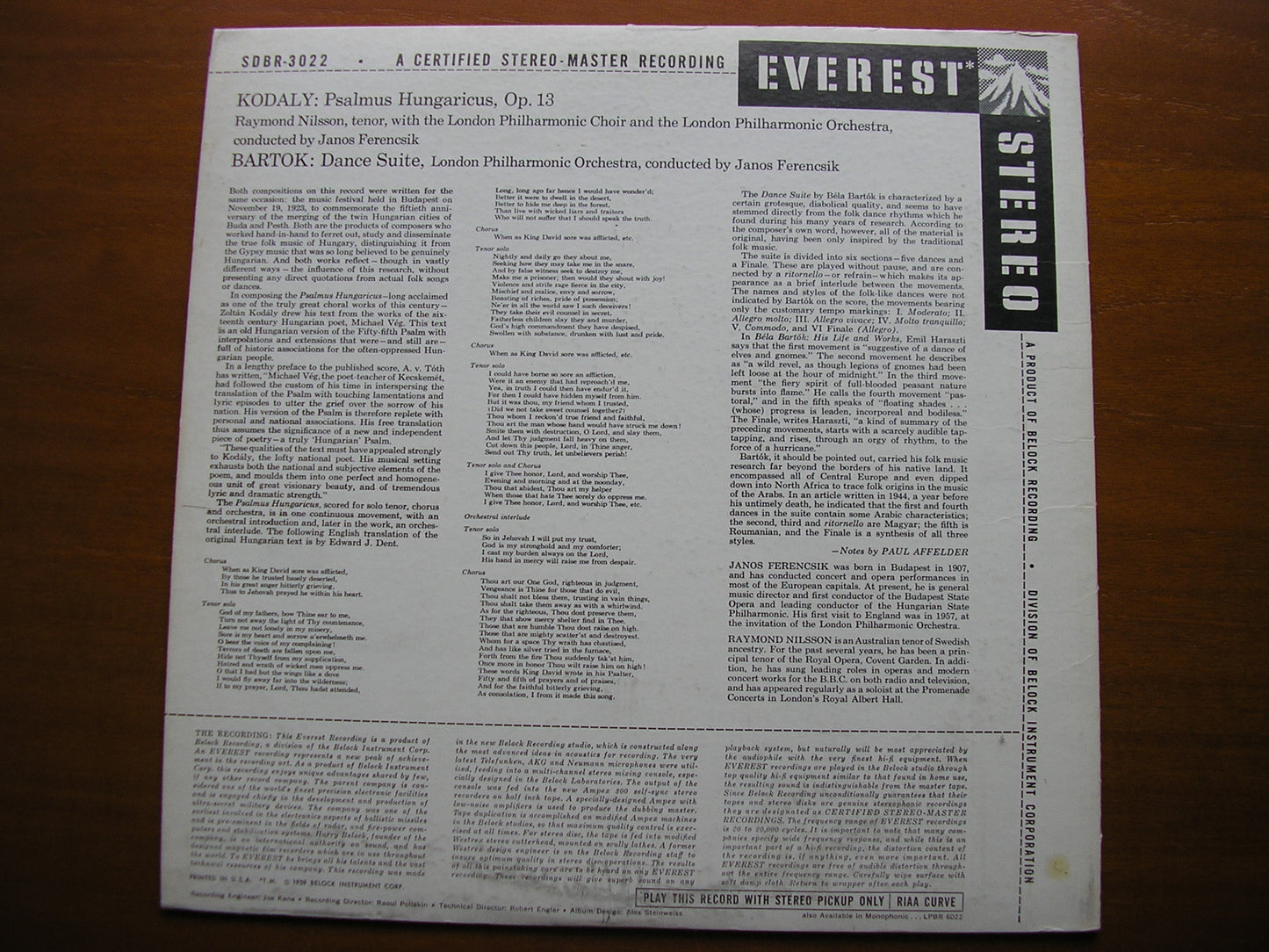 KODALY: PSALMUS HUNGARICUS / BARTOK: DANCE SUITE    FERENCSIK / LONDON PHILHARMONIC    SDBR 3022