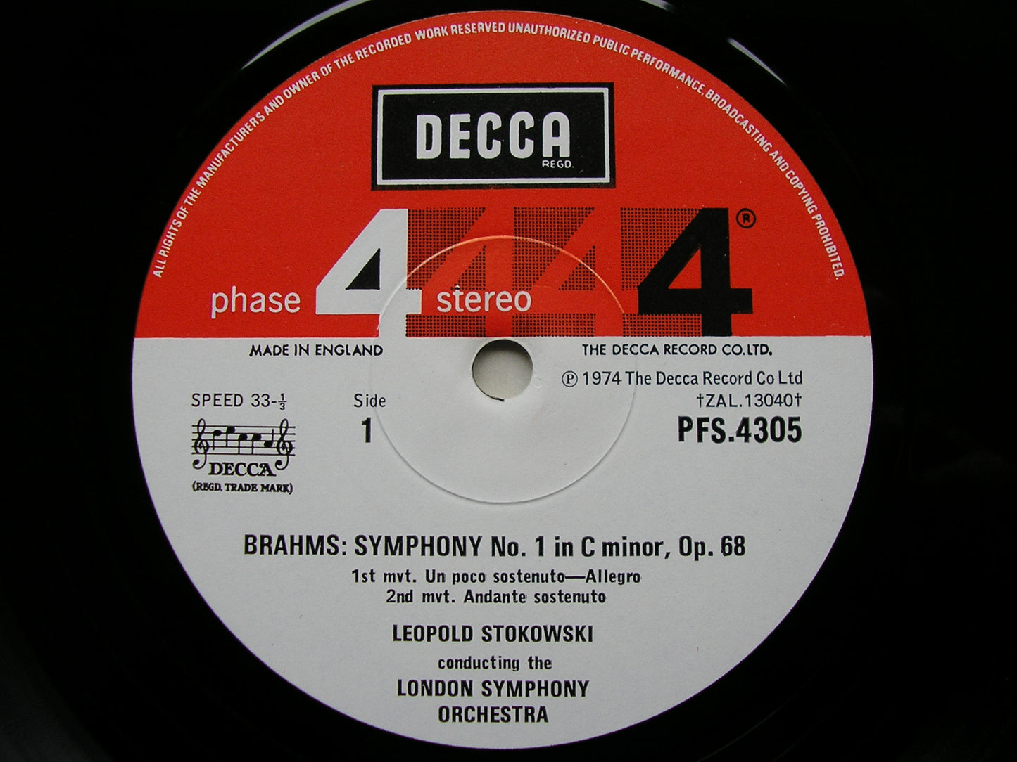 BRAHMS: SYMPHONY No. 1   STOKOWSKI / LONDON SYMPHONY  PFS 4305