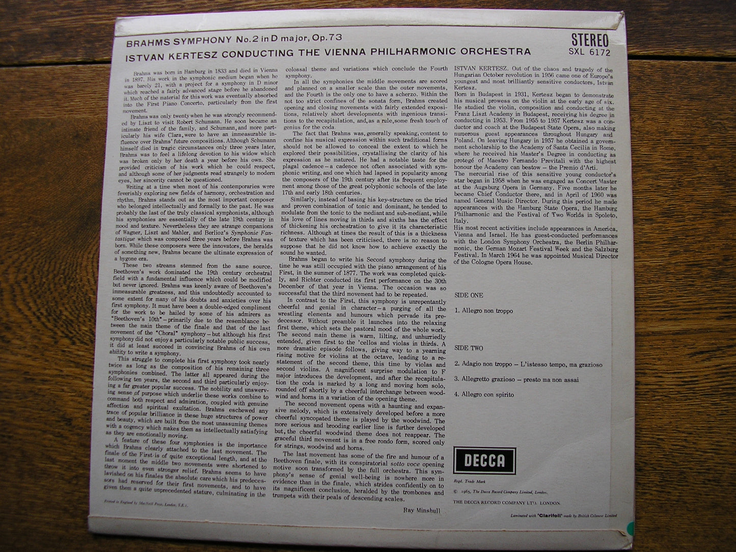 BRAHMS: SYMPHONY No. 2   ISTVAN KERTESZ / VIENNA PHILHARMONIC   SXL 6172