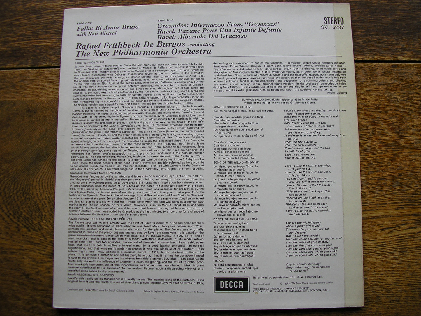 FALLA: EL AMOR BRUJO / RAVEL: PAVANE / ALBORADA      DE BURGOS / NEW PHILHARMONIA    SXL 6287