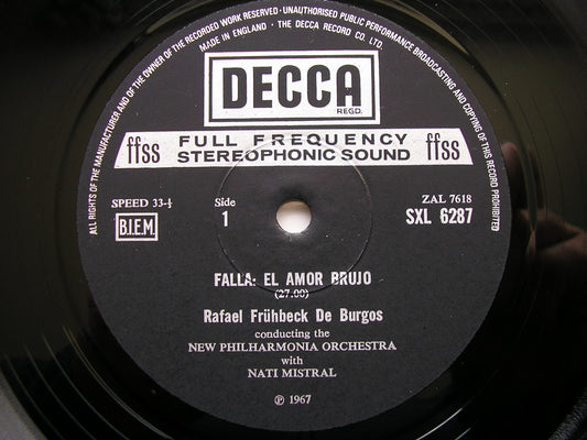 FALLA: EL AMOR BRUJO / RAVEL: PAVANE / ALBORADA      DE BURGOS / NEW PHILHARMONIA    SXL 6287