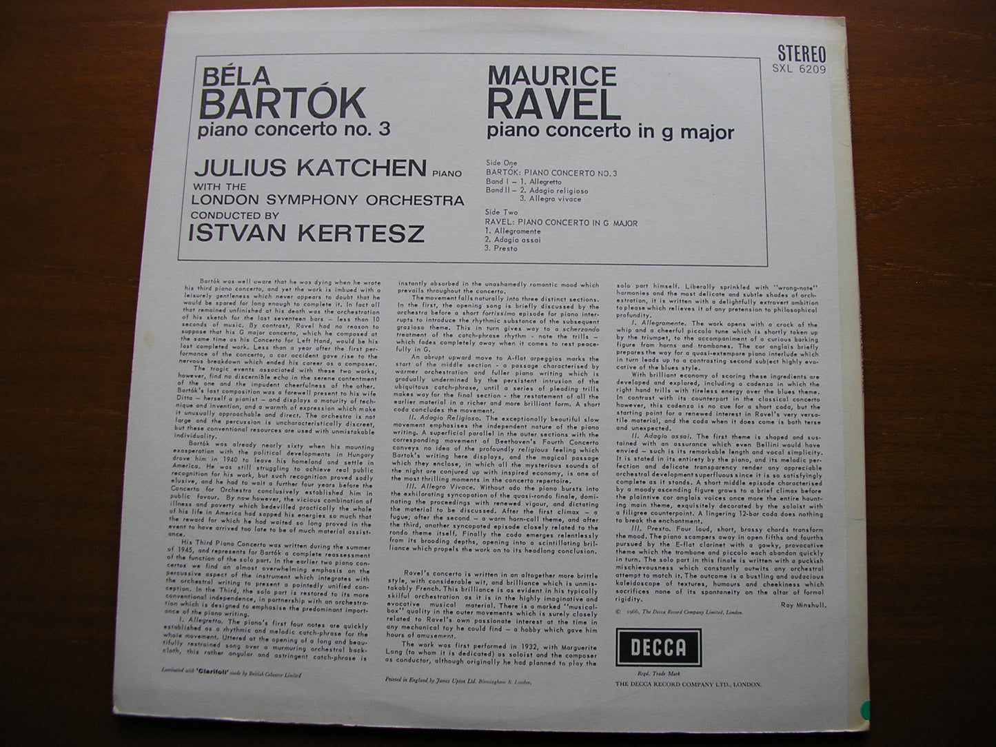 BARTOK: PIANO CONCERTO No. 3 / RAVEL: PIANO CONCERTO in G JULIUS KATCHEN / LSO / ISTVAN KERTESZ SXL 6209