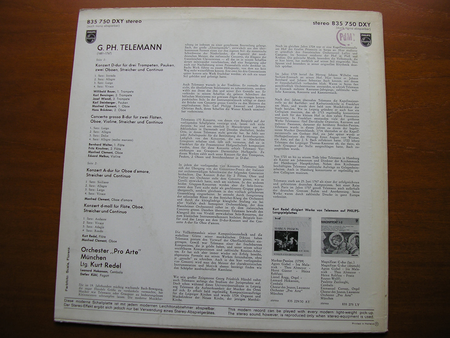 TELEMANN: CONCERTOS FOR TWO TRUMPETS / OBOE D'AMORE / FLUTE & OBOE / CONCERTO GROSSO    REDEL / PRO ARTE MUNICH    835 750