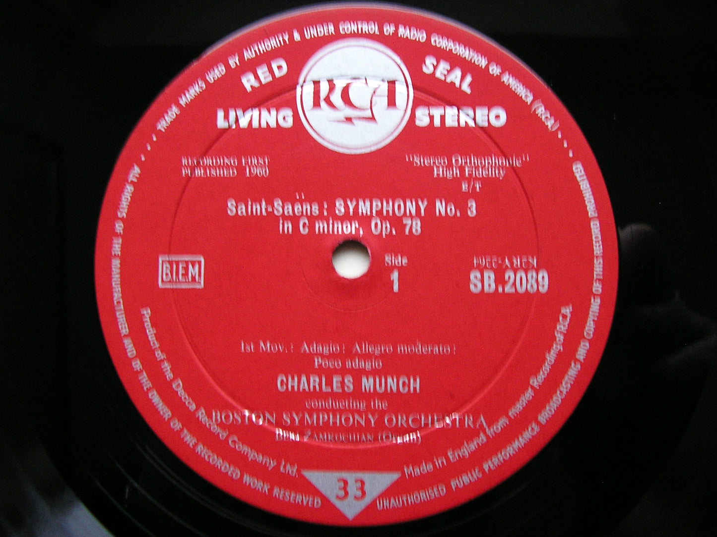 SAINT - SAENS: SYMPHONY No. 3   CHARLES MUNCH / BOSTON SYMPHONY ORCHESTRA   SB 2089