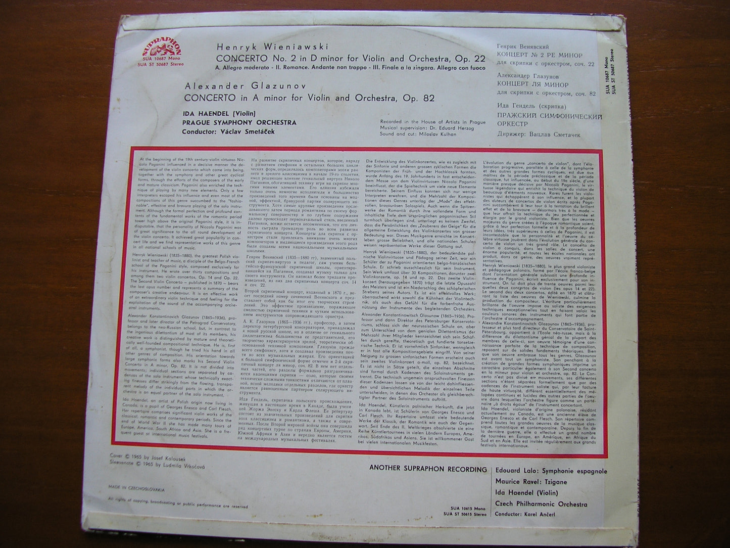 WIENIAWSKI: VIOLIN CONCERTO No. 2 / GLAVUNOV: VIOLIN CONCERTO     IDA HAENDEL / PRAGUE SYMPHONY / SMETACEK   SUA ST 50687