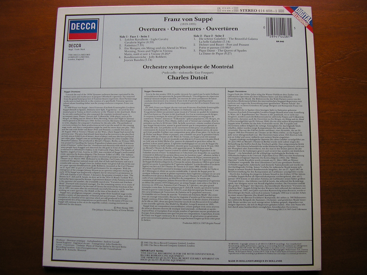 SUPPE: OVERTURES  CHARLES DUTOIT / MONTREAL SYMPHONY  414 408
