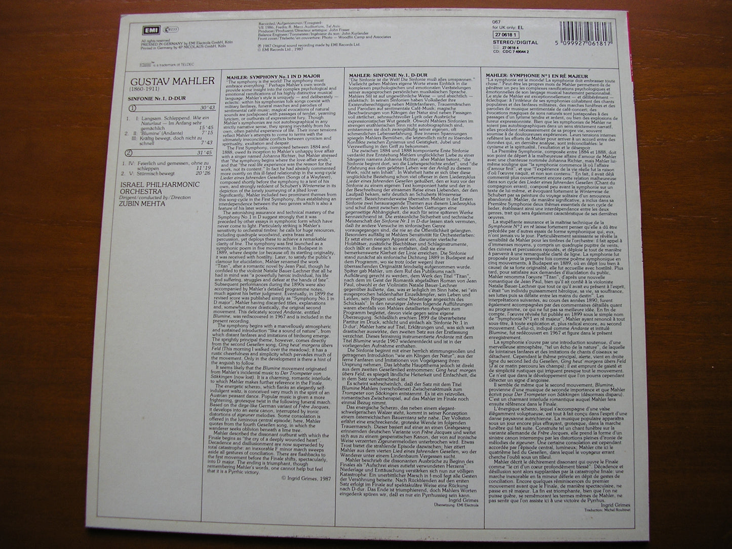 MAHLER: SYMPHONY No. 1 'Blumine'    MEHTA / ISRAEL PHILHARMONIC    27 0618