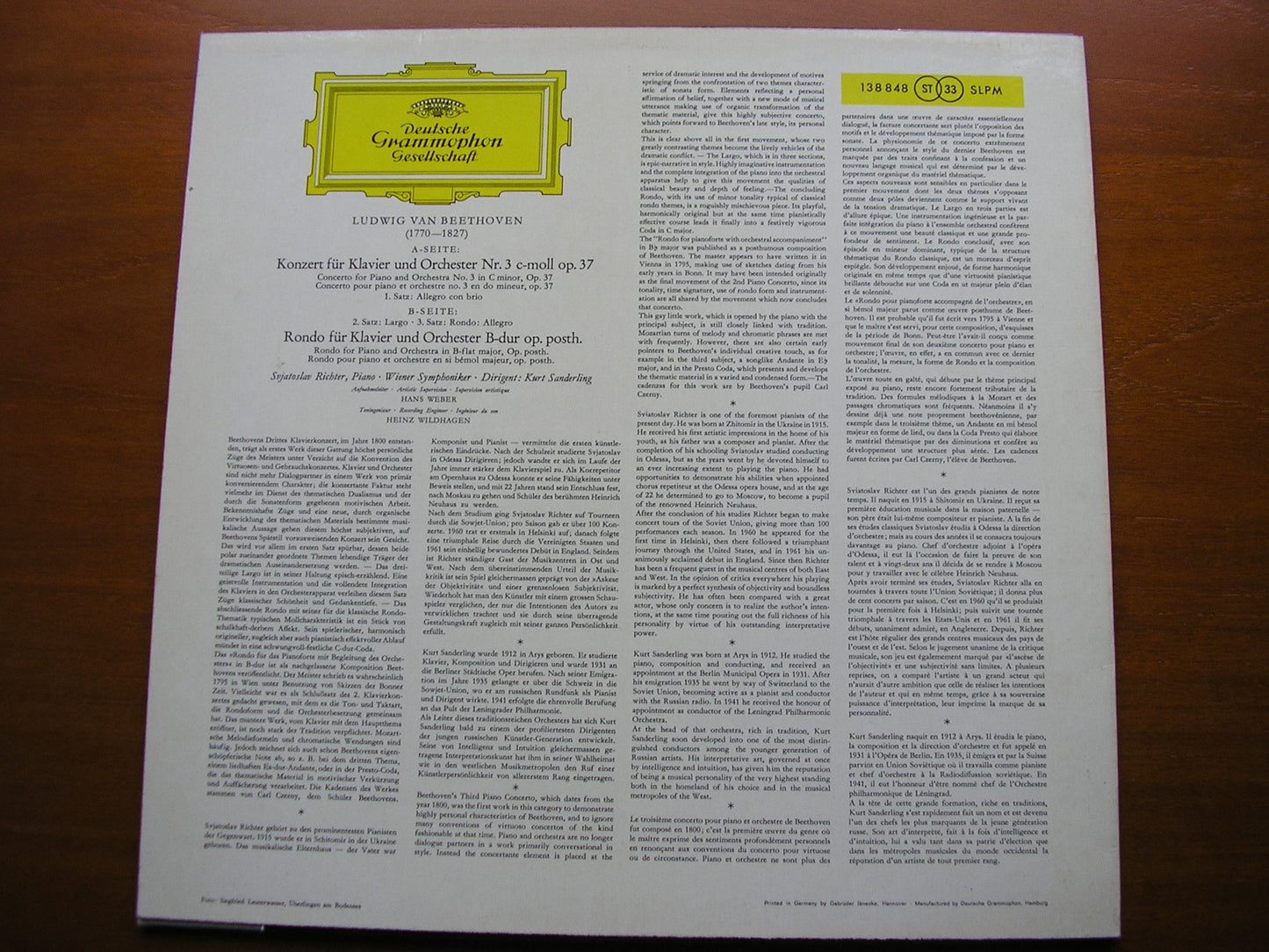 BEETHOVEN: PIANO CONCERTO No. 3 / RONDO in B     RICHTER / VIENNA SYMPHONY / SANDERLING   138 848