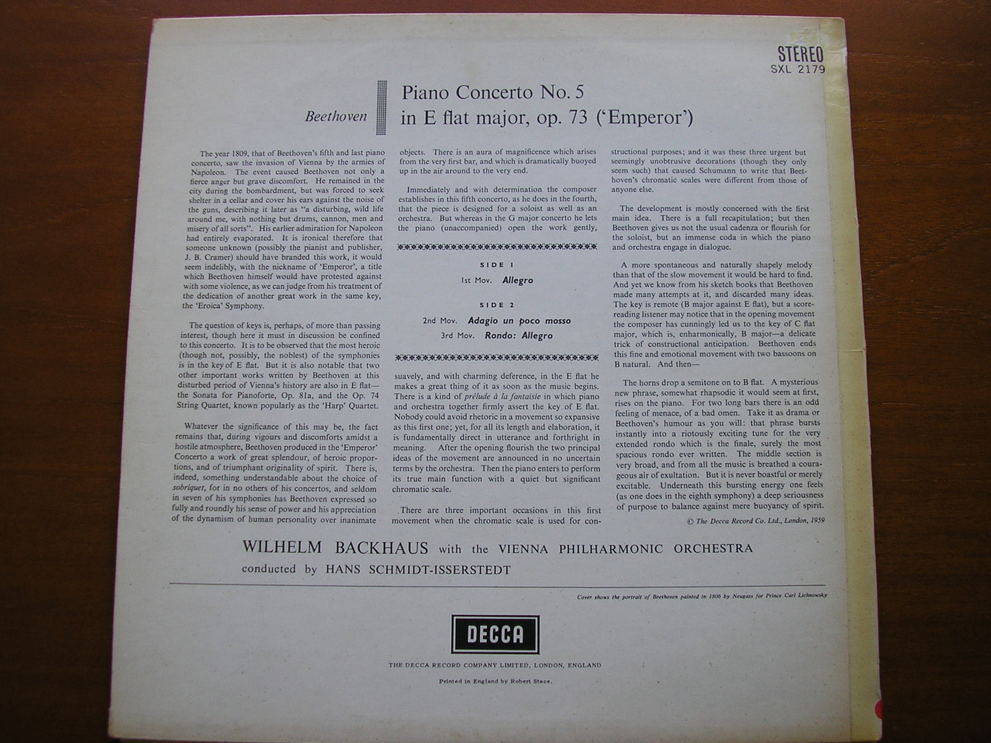 BEETHOVEN: PIANO CONCERTO No. 5  'Emperor'    BACKHAUS / VIENNA PHILHARMONIC / SCHMIDT-ISSERSTEDT   SXL 2179