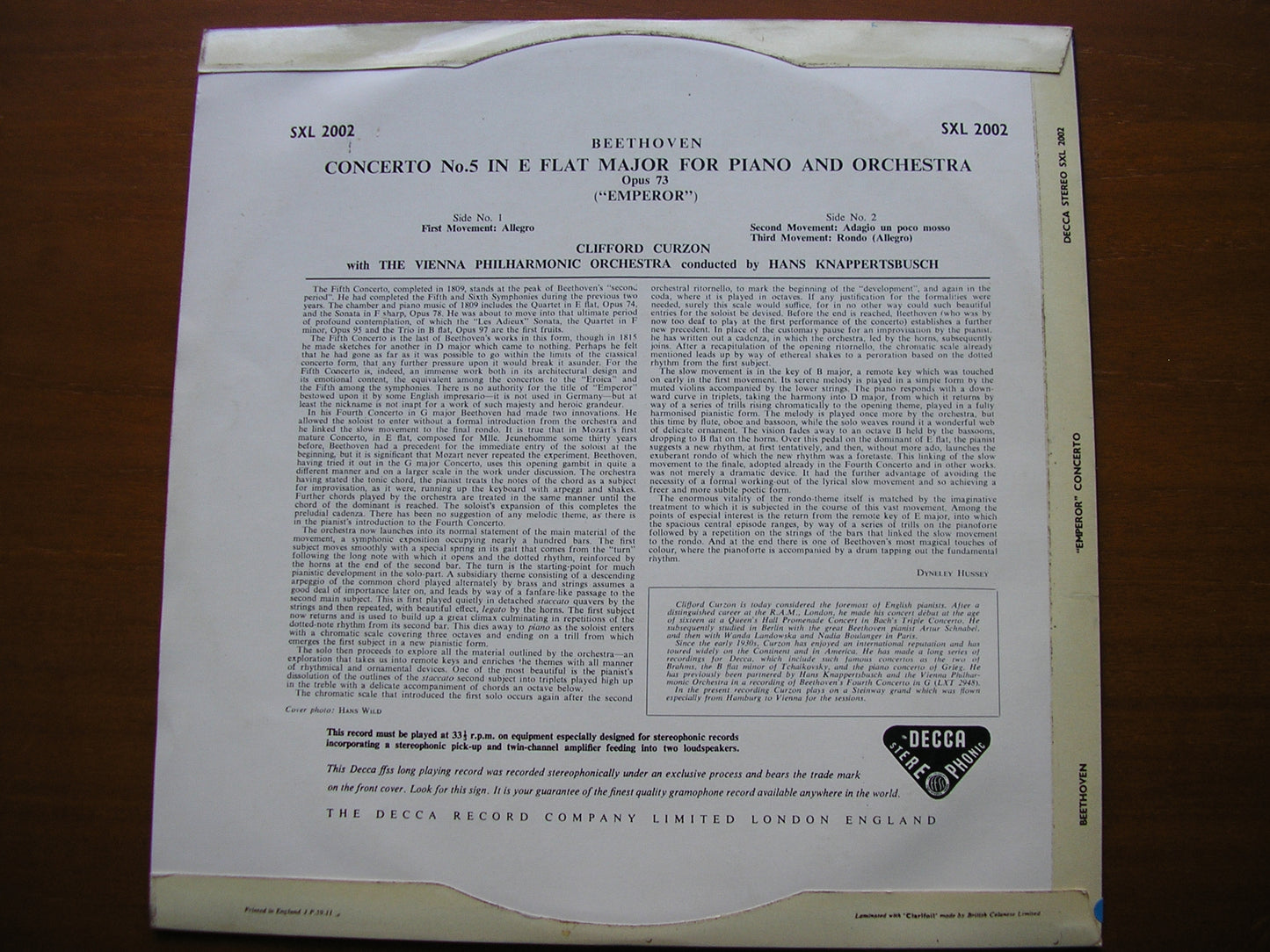 BEETHOVEN: PIANO CONCERTO No. 5  'Emperor'    CURZON / VIENNA PHILHARMONIC ORCHESTRA                   / KNAPPERTSBUSCH    SXL 2002