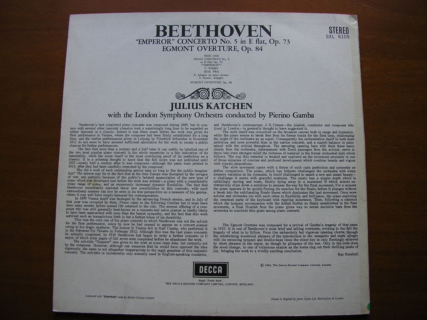 BEETHOVEN: PIANO CONCERTO No. 5  'Emperor'    KATCHEN / LONDON SYMPHONY / GAMBA    SXL 6109