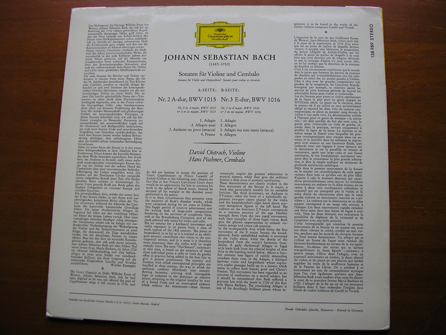 BACH: VIOLIN SONATAS BWV 1015 & 1016   DAVID OISTRAKH / HANS PISCHNER    138 989