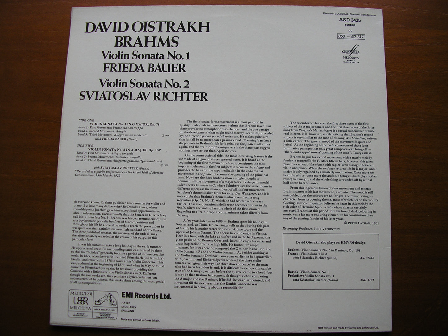 BRAHMS: VIOLIN SONATAS Nos. 1 & 2    DAVID OISTRAKH / FRIEDA BAUER    ASD 3425