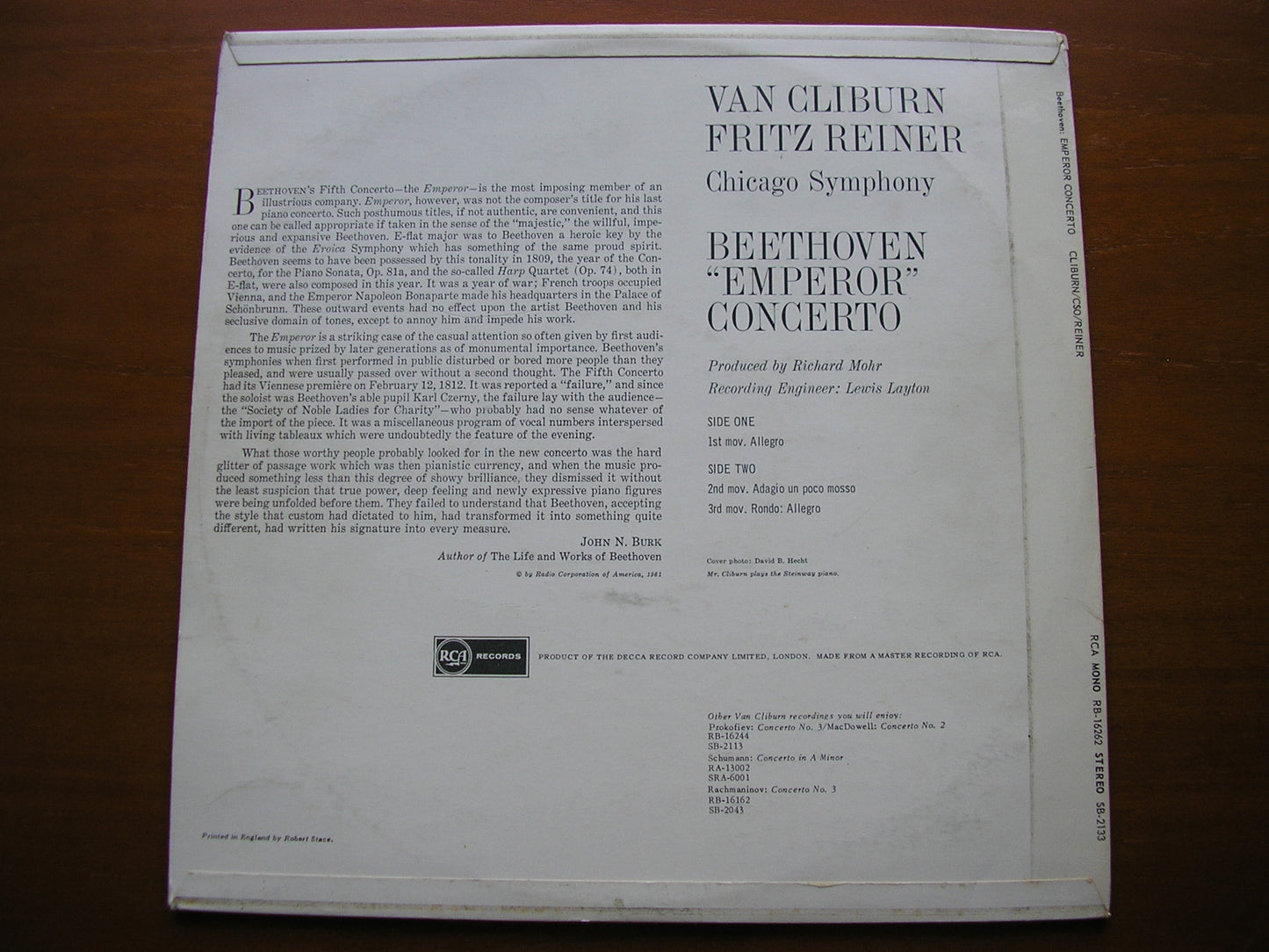 BEETHOVEN: PIANO CONCERTO No. 5  'Emperor'    VAN CLIBURN / CHICAGO SYMPHONY ORCHESTRA / REINER     SB 2133