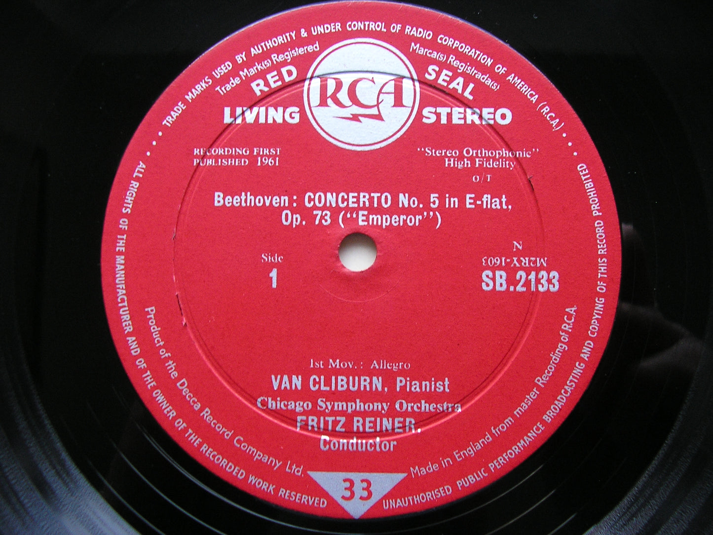 BEETHOVEN: PIANO CONCERTO No. 5  'Emperor'    VAN CLIBURN / CHICAGO SYMPHONY ORCHESTRA / REINER     SB 2133
