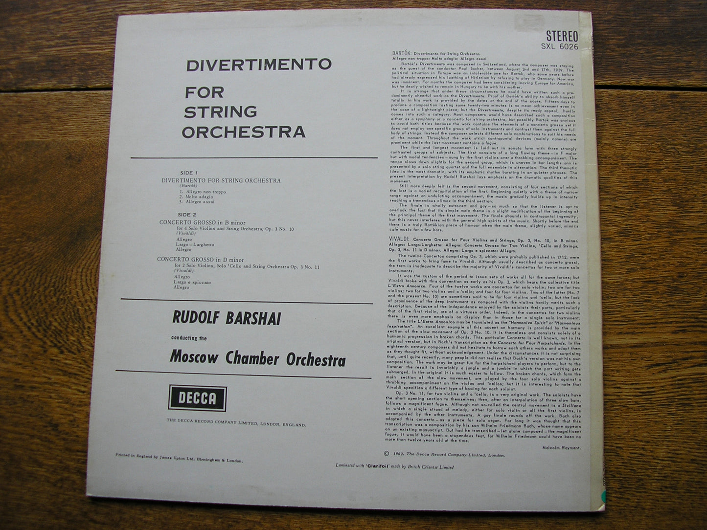 BARTOK: DIVERTIMENTO  FOR STRINGS / VIVALDI: CONCERTI GROSSI Nos. 11 & 12   BARSHAI / MOSCOW CO  SXL 6026