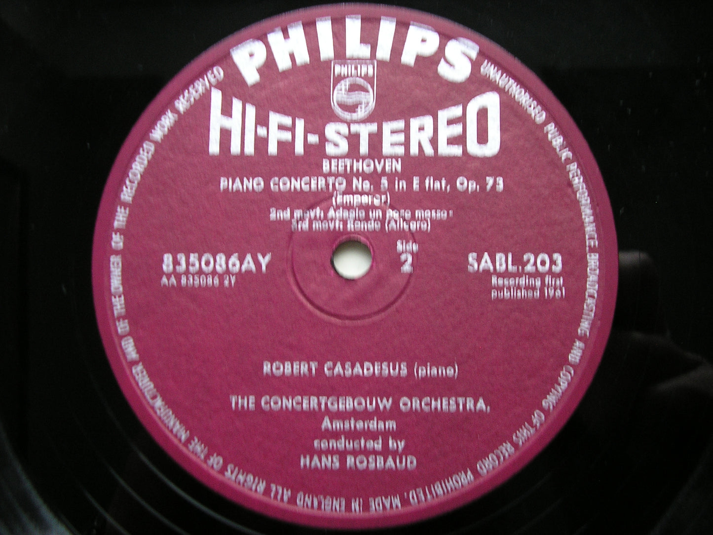 BEETHOVEN: PIANO CONCERTO No. 5  'Emperor'     CASADESUS / CONCERTGEBOUW / ROSBAUD     SABL 203