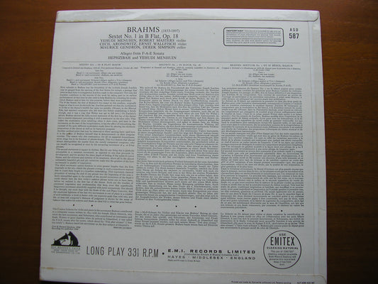 BRAHMS: SEXTET No. 1 Op. 18    MENUHIN / GENDRON / WALLFISCH / SIMPSON / MASTERS / ARONOWITZ     ASD 587