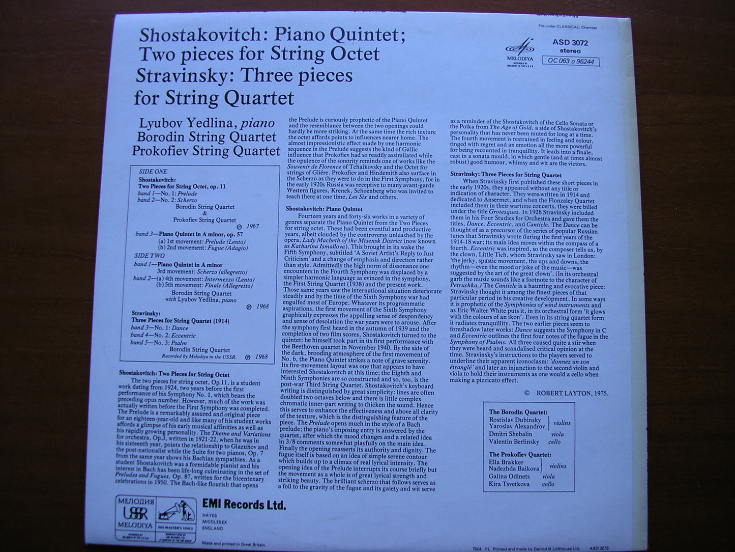 SHOSTAKOVITCH: PIANO QUINTET / TWO PIECES FOR STRING OCTET / STRAVINSKY: THREE PIECES    YEDLINA / BORODIN STRING QUARTET   ASD 3072