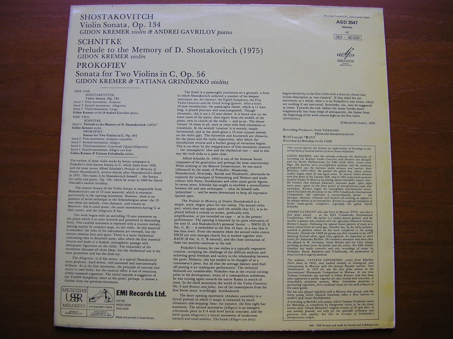 SHOSTAKOVICH: VIOLIN SONATA / SCHNITKE: PRELUDE / PROKOFIEV: SONATA Op. 56     GAVRILOV / KREMER / GRINDENKO    ASD 3547