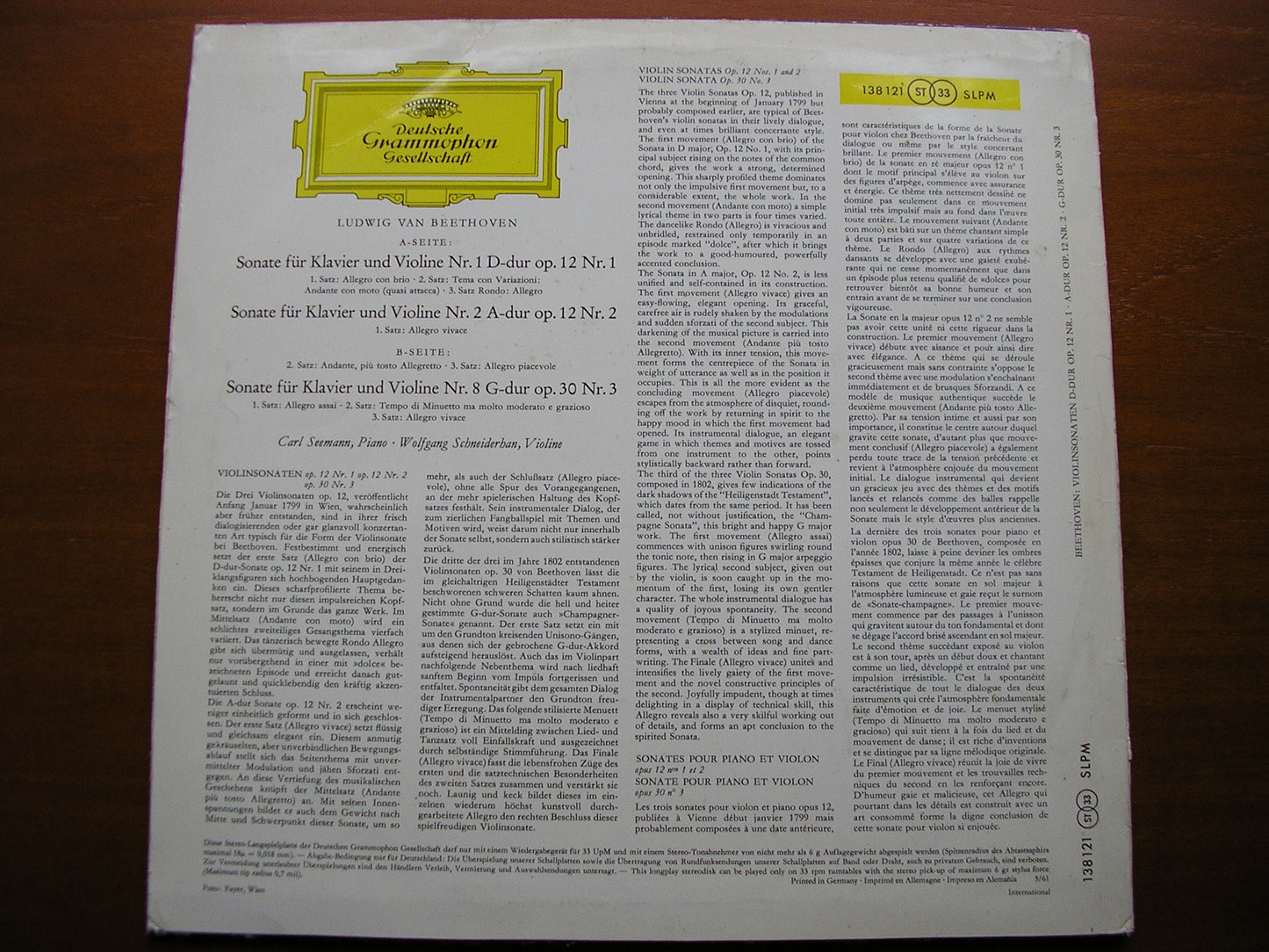 BEETHOVEN: VIOLIN SONATAS Nos. 1 / 2 / 8   SCHNEIDERHAN / SEEMANN    138 121