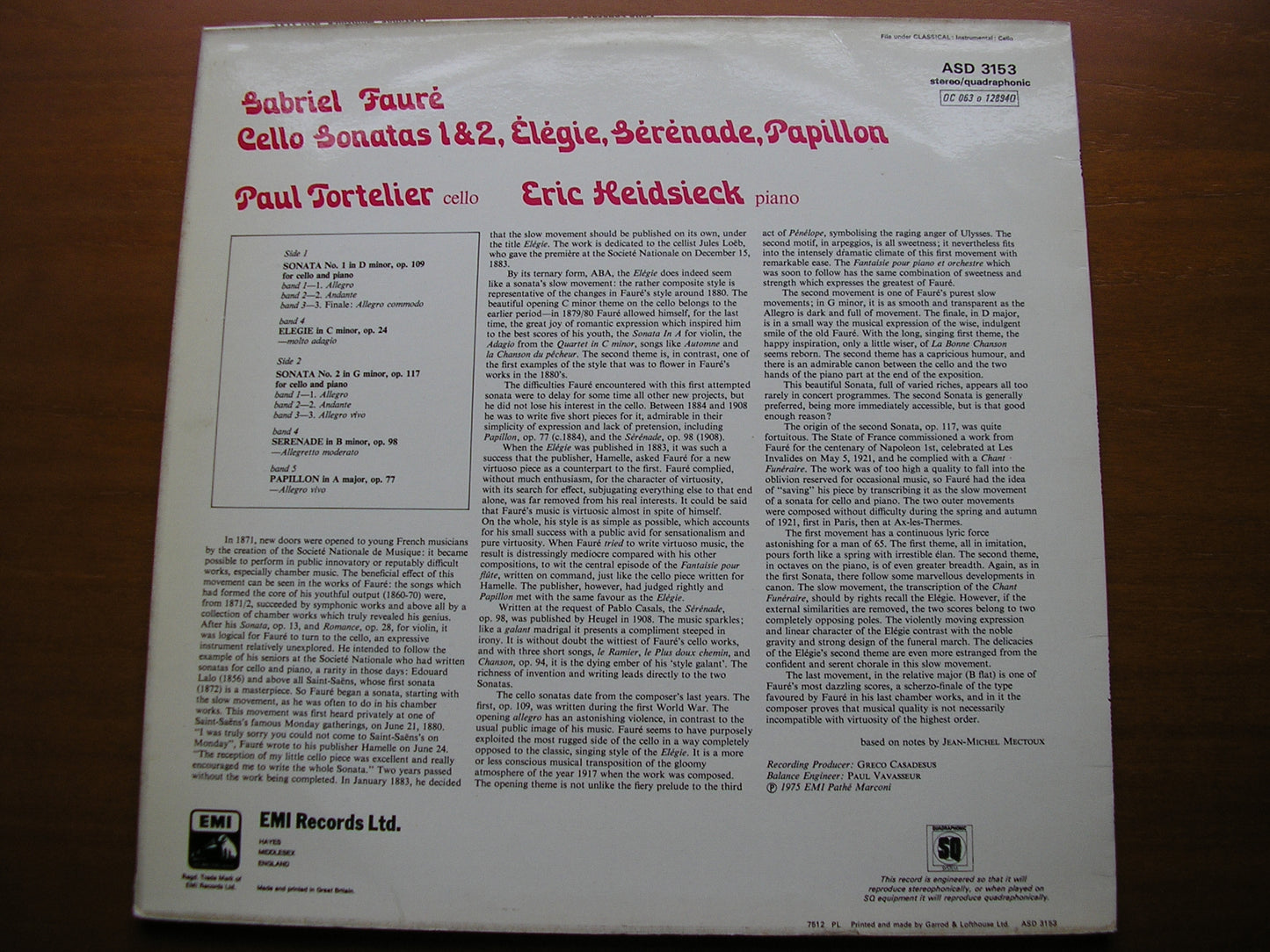 FAURE: CELLO SONATAS      TORTELIER / HEIDSIECK      ASD 3153
