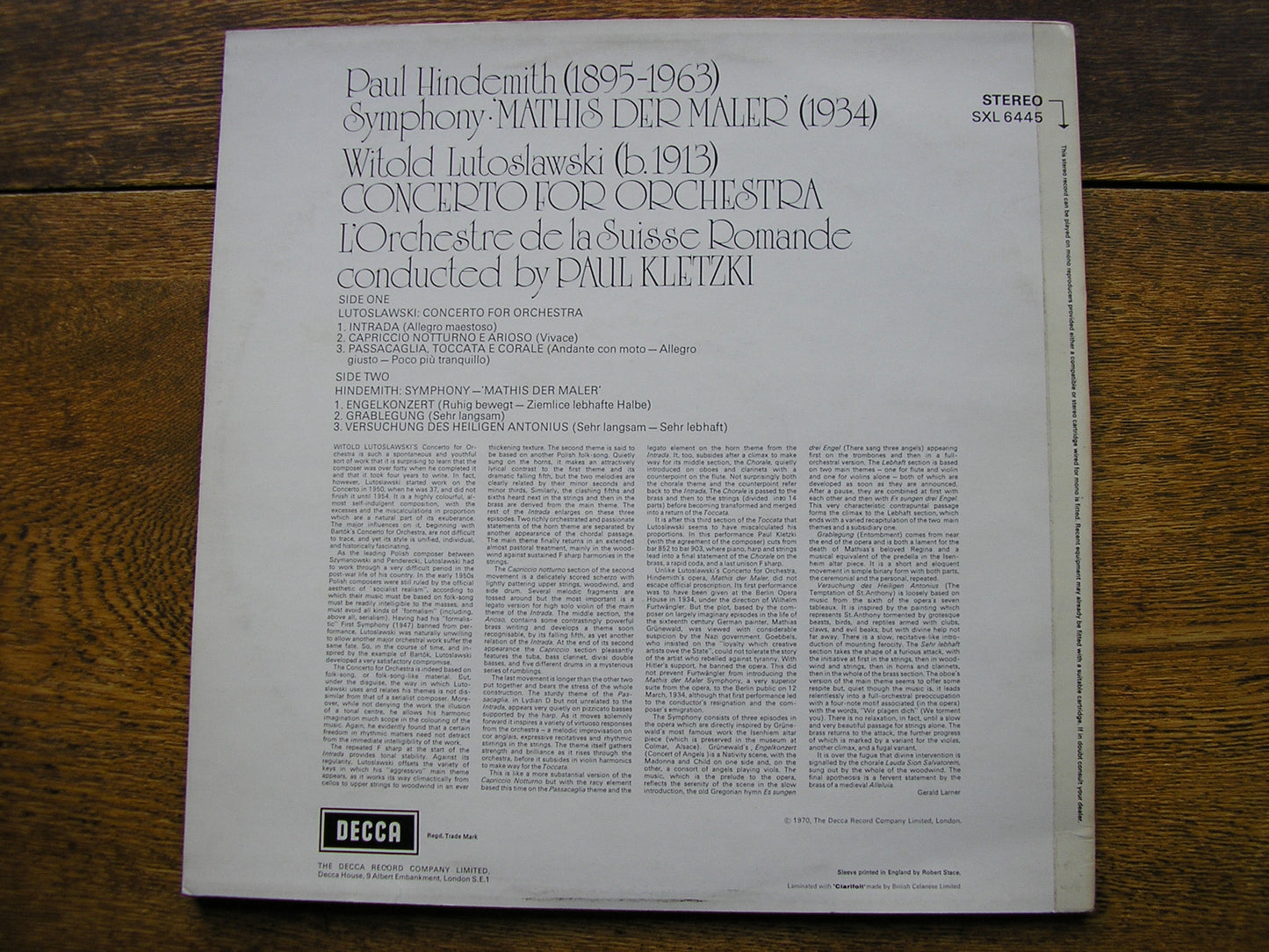 HINDEMITH: MATHIS DER MALER / LUTOSLAWSKI: CONCERTO FOR ORCHESTRA   KLETZKI / SUISSE ROMANDE   SXL 6445