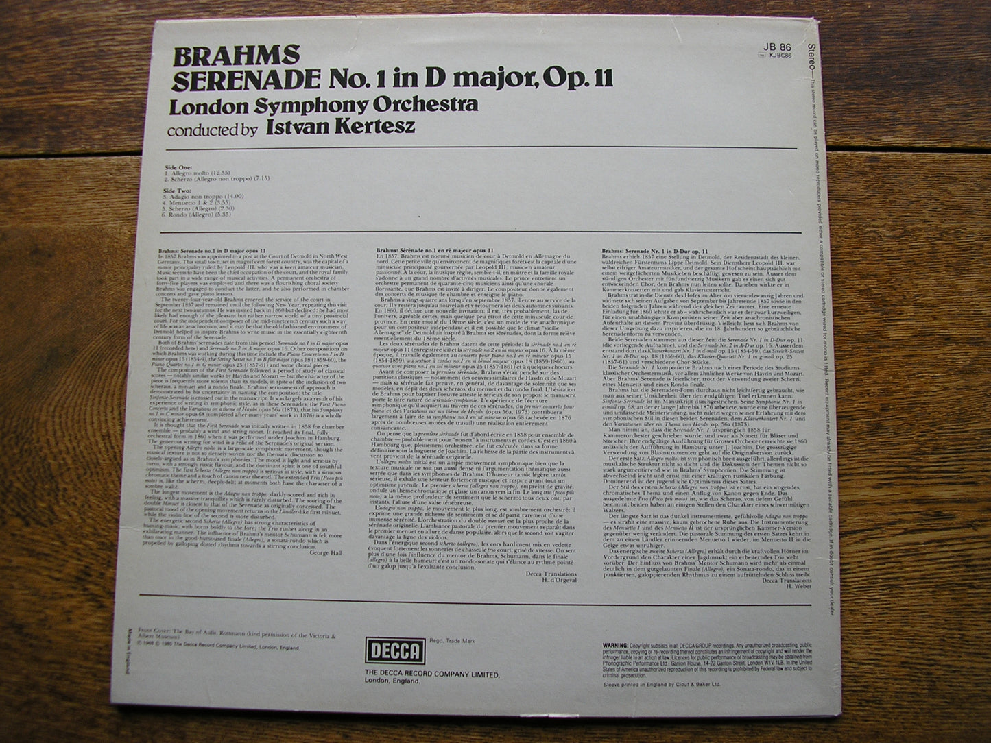 BRAHMS: SERENADE No. 1 in D    KERTESZ / LONDON SYMPHONY   JB 86