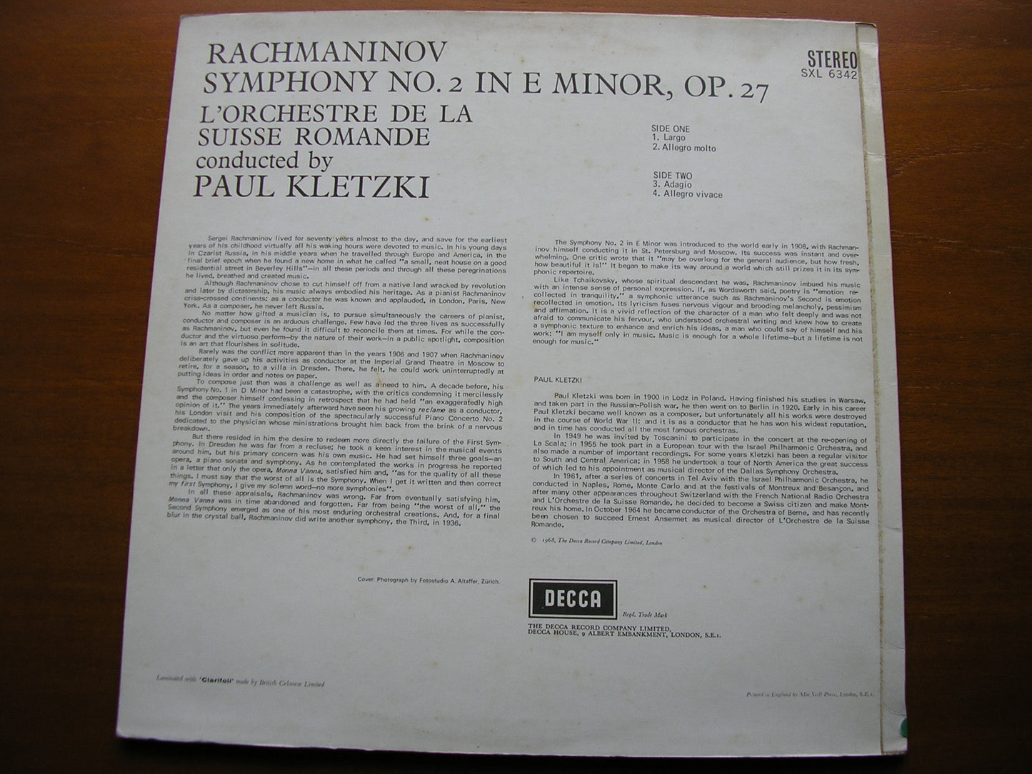 RACHMANINOV: SYMPHONY No. 2    KLETZKI / SUISSE ROMANDE ORCHESTRA    SXL 6342