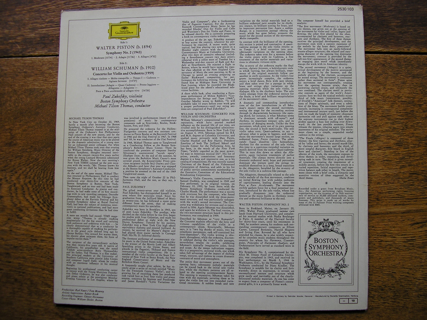 PISTON: SYMPHONY No. 2 / SCHUMAN: VIOLIN CONCERTO  ZUKOFSKY / TILSON THOMAS / BOSTON SYMPHONY  2530 103
