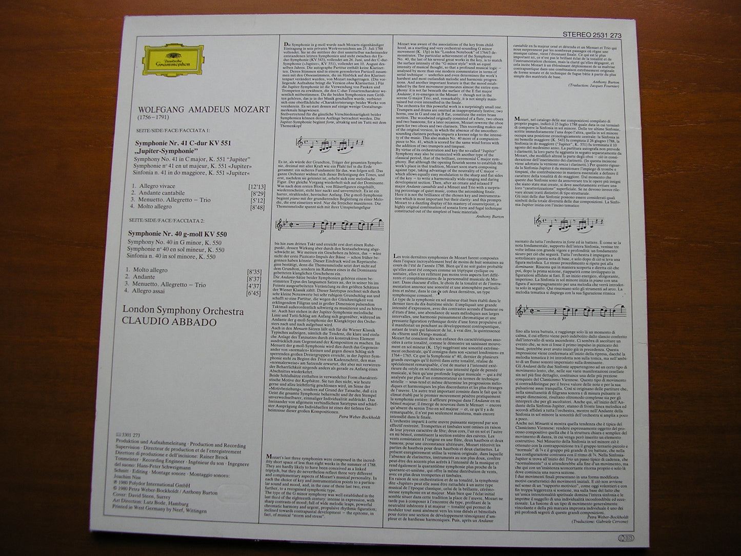 MOZART: SYMPHONIES Nos. 40 & 41 'Jupiter'    ABBADO / LONDON SYMPHONY   2531 273