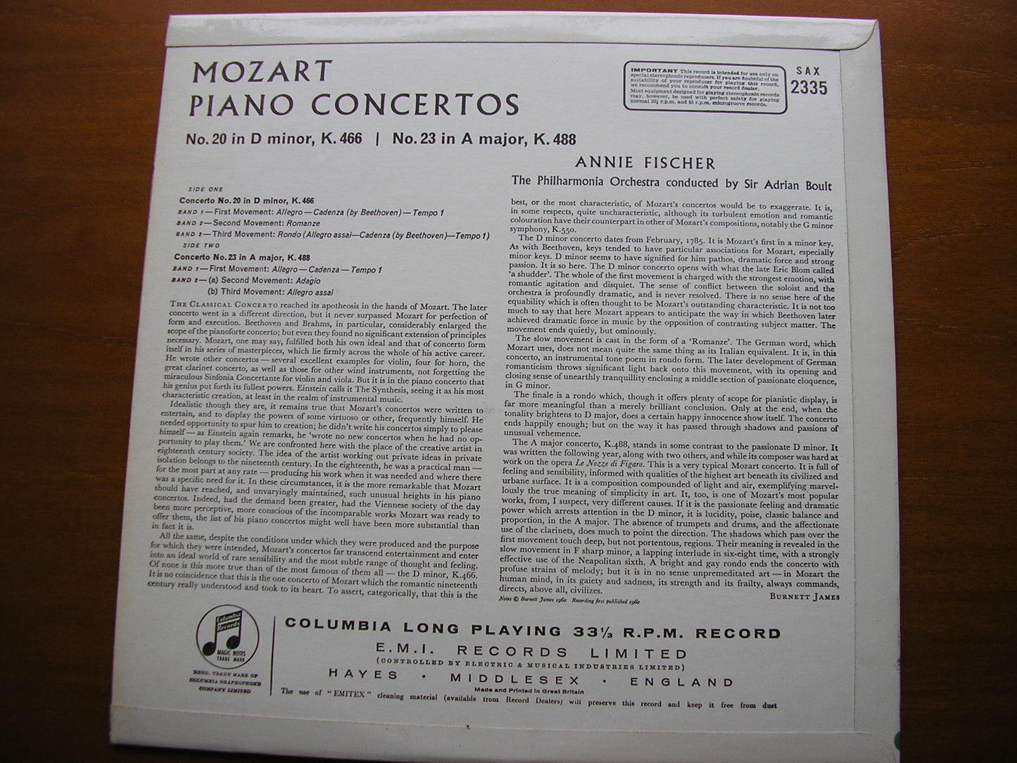 MOZART: PIANO CONCERTOS Nos. 20 & 23    ANNIE FISCHER / PHILHARMONIA / BOULT     SAX 2335