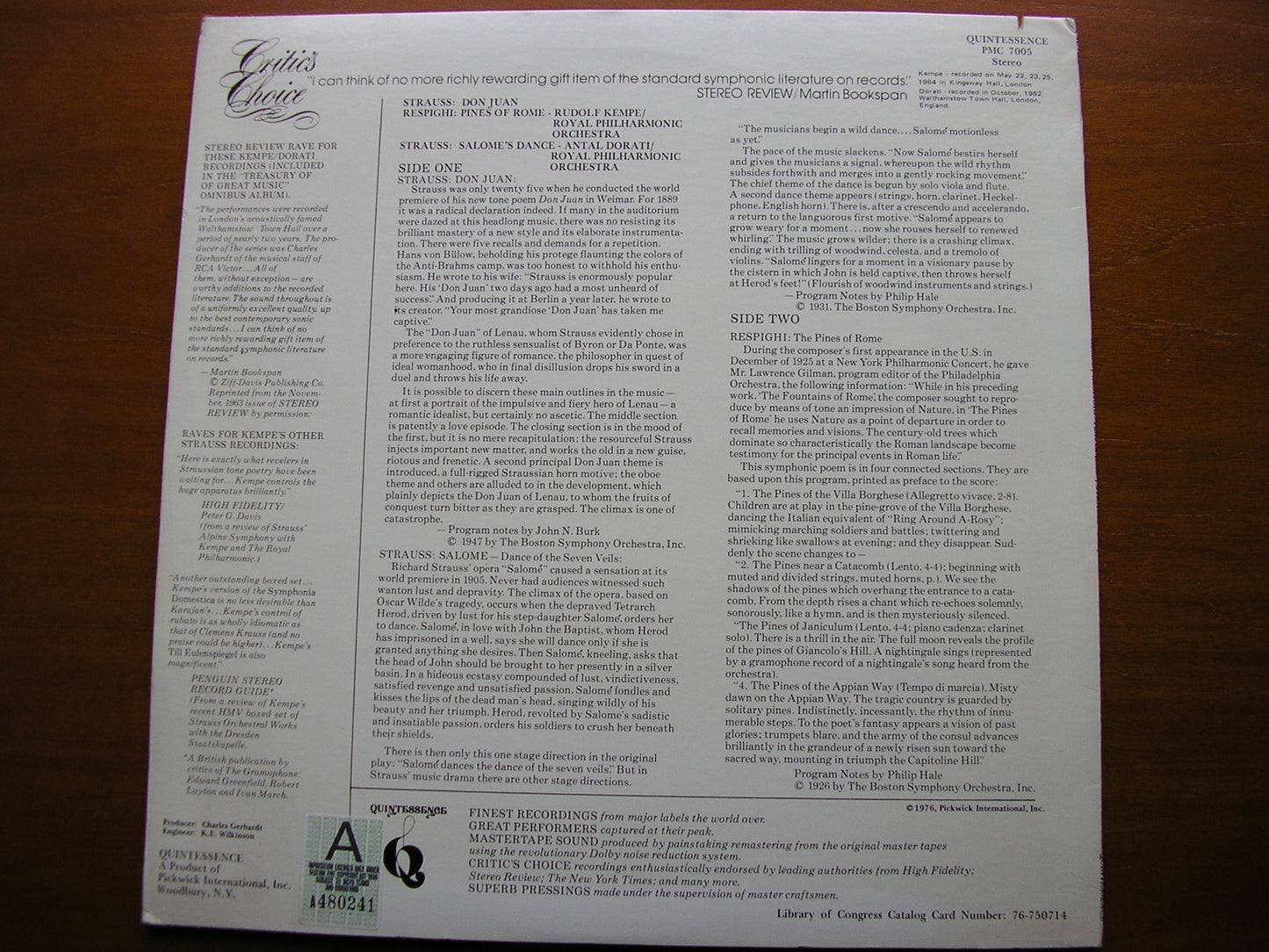 RESPIGHI: PINES OF ROME / STRAUSS: DON JUAN / SALOME'S DANCE    KEMPE / DORATI / ROYAL PHILHARMONIC   PMC 7005