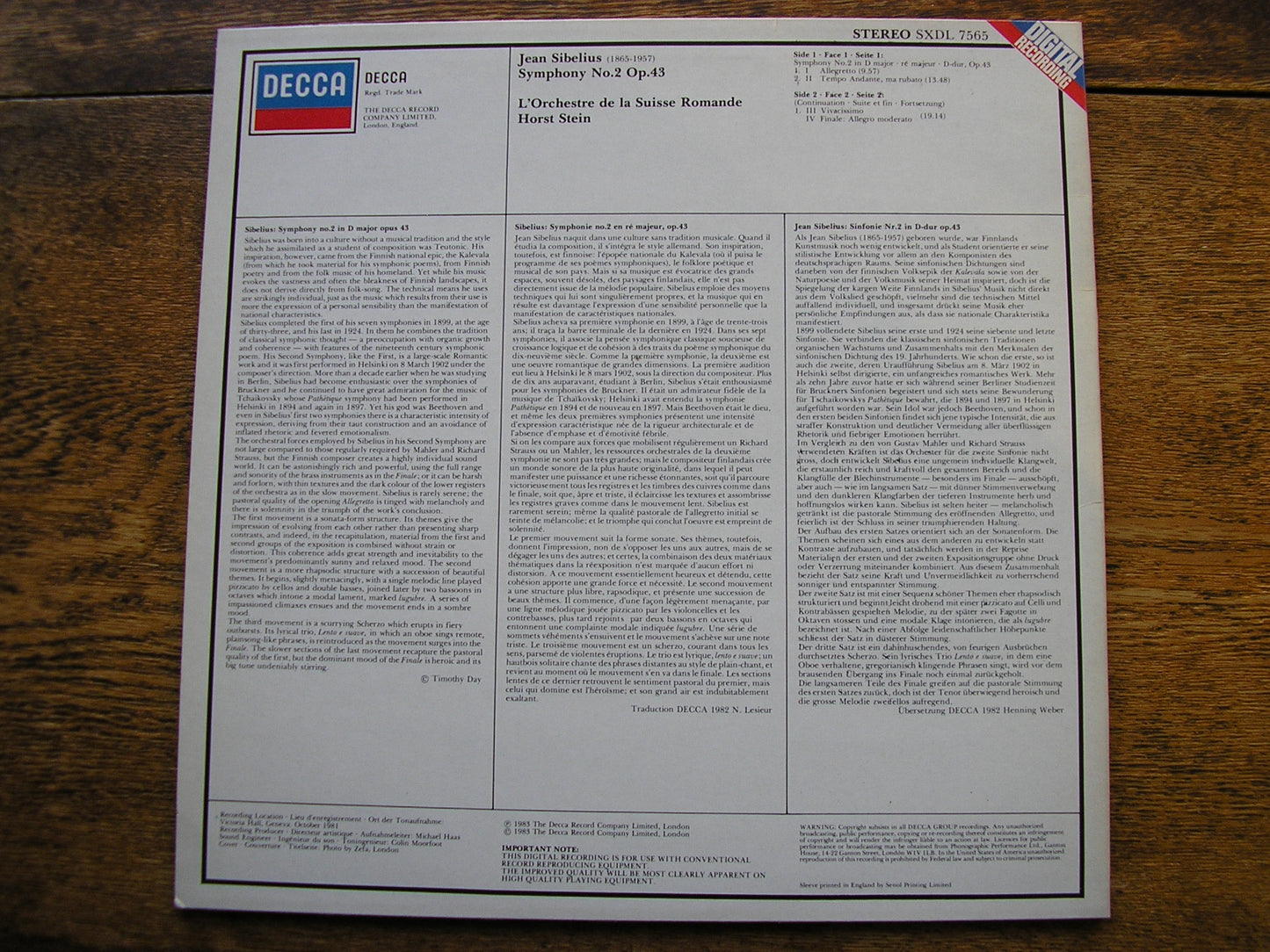 SIBELIUS: SYMPHONY No. 2    HORST STEIN / SUISSE ROMANDE    SXL 7565