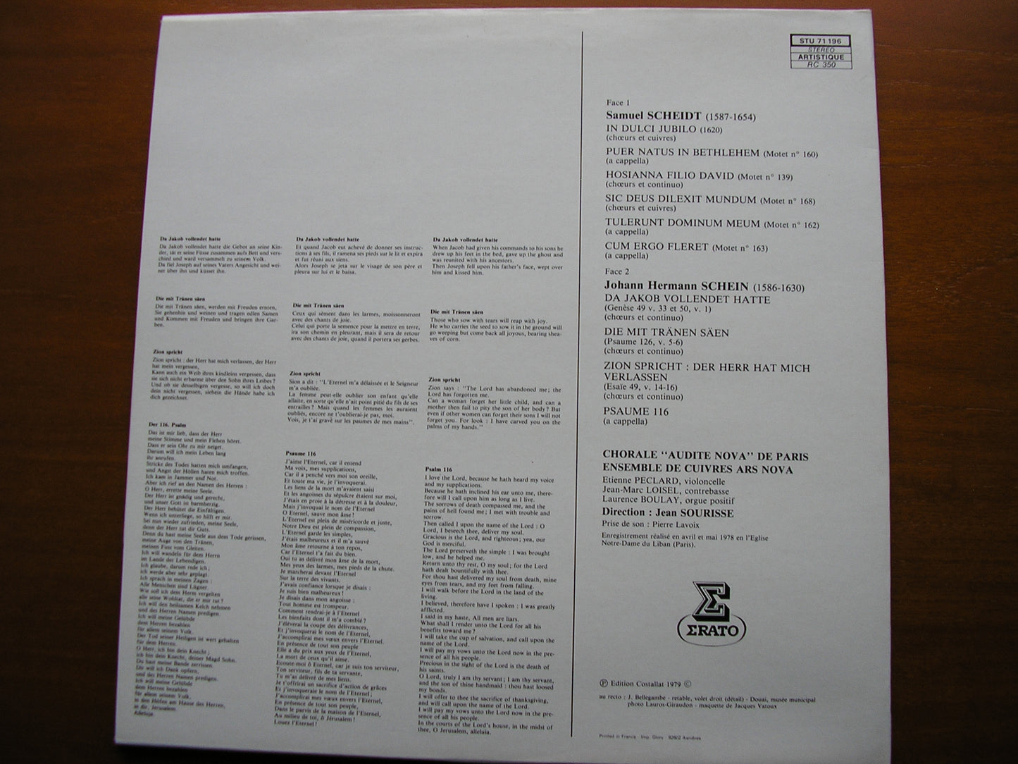 SCHEIDT: MOTETS / SCHEIN: PSALMS   CHORALE AUDITE NOVA / JEAN SOURISSE    STU 71196